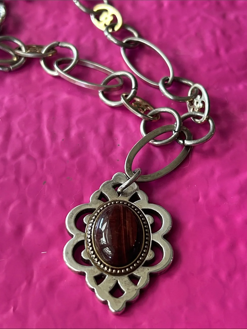 Brighton retired Oval Stone two tone chain necklace, filigree pendant